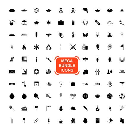 Exclusive Mega Bundle Icons Pack. Collection universal solid vector icons for website, project, business, infographic, web design, mobile app, online market. Isolated Elements on White Background.のイラスト素材