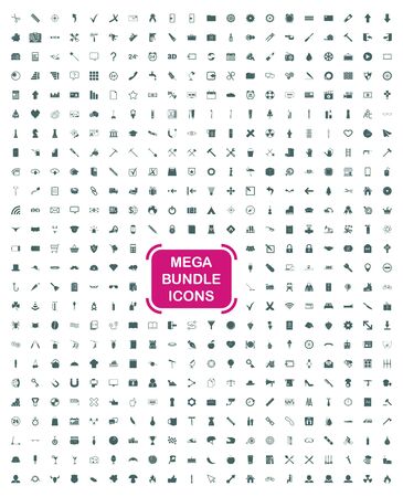 Exclusive Mega Bundle Icons Pack. Collection universal solid vector icons for website, project, business, infographic, web design, mobile app, online market. Isolated Elements on White Background.のイラスト素材