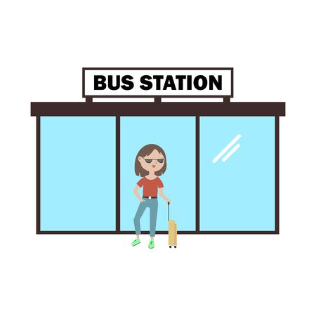 Girl with a suitcase waiting for the bus at the bus station.のイラスト素材