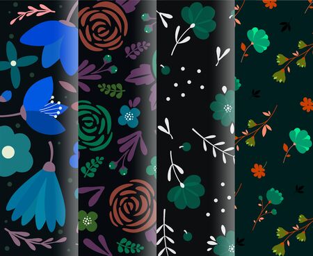 4 dark seamless background set. Trendy colorful scandinavian hand drawn pattern. Tropical exotic leaves and flowersのイラスト素材