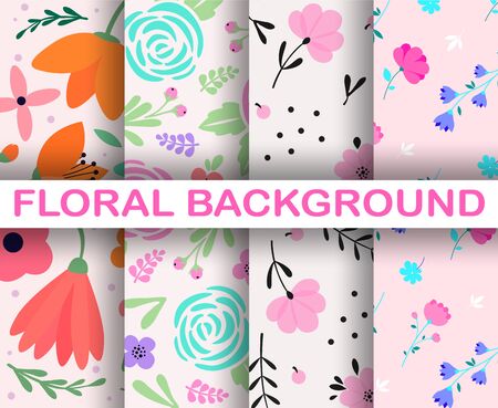 4 light seamless background set. Trendy colorful scandinavian hand drawn pattern. Tropical exotic leaves and flowersのイラスト素材