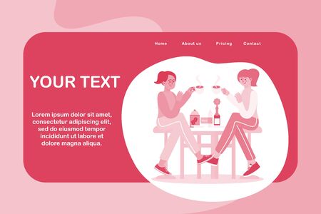 People Sit at Cafeteria Table Drink Tea Talk Set. Two Woman have Lunch Break at table in the cafe. Female Couple Dinner. Characters Cafe Meeting at Leisure. Flat Cartoon style Vector Illustration.のイラスト素材
