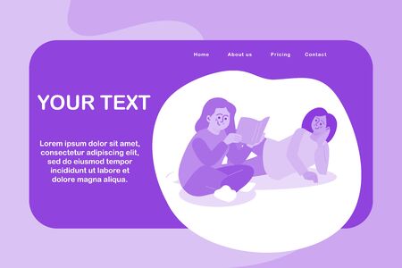 Book education poster concept. Young girl love reading books. Two female students study hard. Flat funny Cartoon characters. Trendy minimal color style vector Illustration bannerのイラスト素材