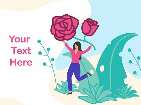 Running young character women with big rose flower. Use in Web Project and Applications for gardening, growing and studying plants in nature, clean ecology. Vector illustration simple flat design.のイラスト素材