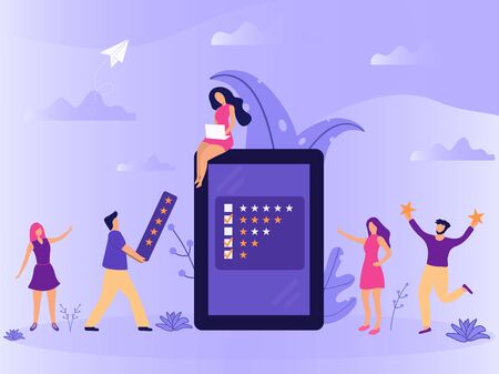 Vector web page concept design with online review theme. Office small characters people at smartphone screen giving stars, feedback and rating. Stars line icons. Landing page, mobile app, UI, UX, siteのイラスト素材
