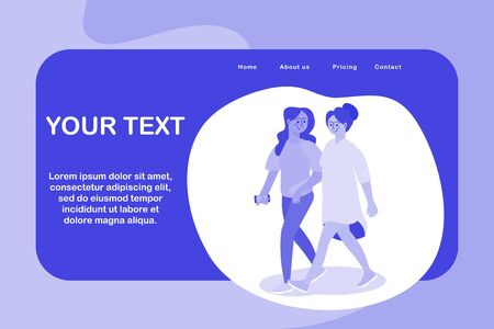 Two girl friends walk down the street and talking. Young woman walking and holds smartphone in hands. Flat funny Cartoon characters. Trendy minimal color style vector Illustration bannerのイラスト素材