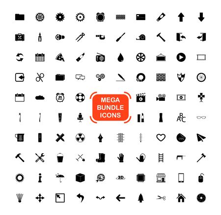 Exclusive Mega Bundle Icons Pack. Collection universal solid vector icons for website, project, business, infographic, web design, mobile app, online market. Isolated Elements on White Background.のイラスト素材