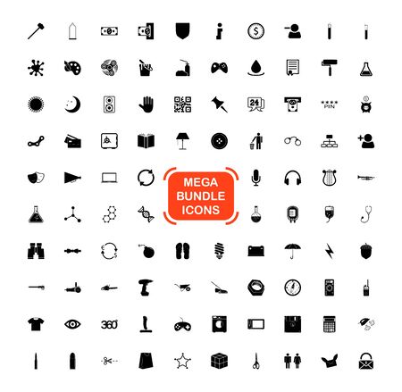 Exclusive Mega Bundle Icons Pack. Collection universal solid vector icons for website, project, business, infographic, web design, mobile app, online market. Isolated Elements on White Background.のイラスト素材