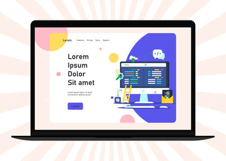 Flat web development concept. Web browser and window on monitor and programs for scripting and programming web applications on html 5 programming language.のイラスト素材