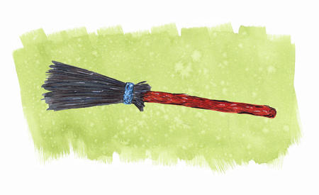 Watercolor witch broom on green textured backgroundの写真素材