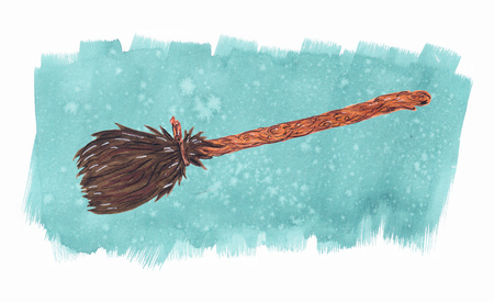 Watercolor witch broom on mint textured backgroundの写真素材