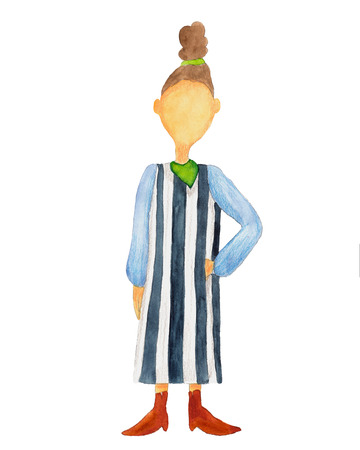 Watercolor fashion girl in striped dress on a white backgroundの写真素材