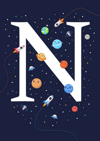 Ilustración de The letter N with the theme of outer space for Children. Letter graphic vector illustration for kids on outer space theme. space kids, letters for children. - Imagen libre de derechos