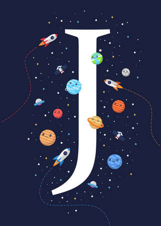 The letter J with the theme of outer space for Children. Letter graphic vector illustration for kids on outer space theme. space kids, letters for children.のイラスト素材