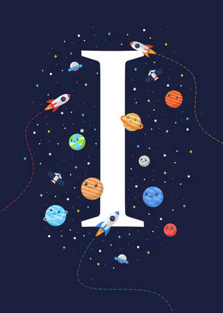 The letter I with the theme of outer space for Children. Letter graphic vector illustration for kids on outer space theme. space kids, letters for children.のイラスト素材