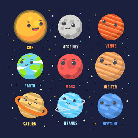 Vector Planet icon set of solar system planets on dark space background. mercury, venus, earth, mars, jupiter, saturn, uranus, neptune, moon, stars and sun.のイラスト素材
