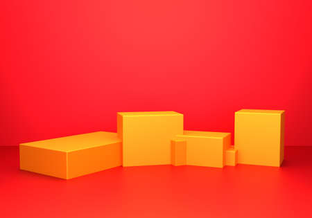 3d rendering of empty gold podium abstract minimal red background. Scene for advertising design, cosmetic ads, show, technology, banner, cream, new year. Illustration. Product display. copy spaceの写真素材