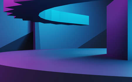 3d rendering of purple and blue abstract geometric background. Cyberpunk concept. Scene for advertising, technology, showcase, banner, cosmetic, fashion, business. Sci-Fi Illustration. Product displayの写真素材