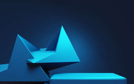 3d rendering of blue abstract geometric background. Cyberpunk concept. Scene for advertising,...