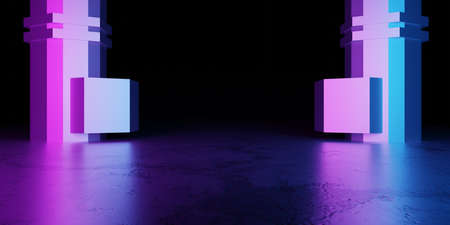 3d rendering of spaceship corridor blue purple background neon glowing. Cyberpunk concept. Scene for...