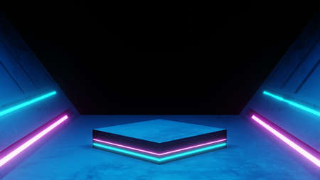 3d rendering of spaceship corridor neon glowing blue purple background futuristic. Cyberpunk...