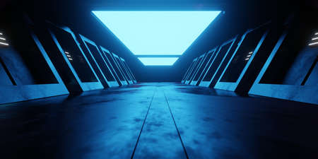 3d rendering of spaceship corridor neon glowing blue dark background futuristic. Cyberpunk concept....