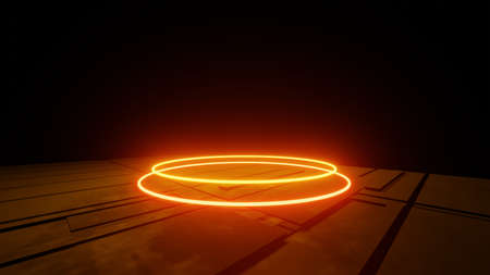 3d rendering of orange neon glowing abstract geometric background. Scene for advertising, showroom, banner, technology, game, future, modern, sport, metaverse. Sci Fi Illustration. Product displayの写真素材