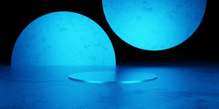 3d rendering of blue abstract geometric background. Scene for advertising, showroom, technology, banner, cosmetic, fashion, business, sport, metaverse, modern, interior. Sci-Fi Illustration.の写真素材