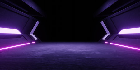 3d rendering of spaceship corridor purple neon light hallway concrete background. Cyberpunk concept. Scene for advertising, showroom, technology, future, modern, sport, metaverse. Sci Fi Illustrationの写真素材