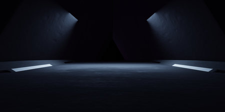 3d rendering of white neon glowing spaceship corridor hallway dark background. Scene for advertising, showroom, technology, future, modern, sport, game, metaverse. Sci Fi Illustration. Product displayの写真素材