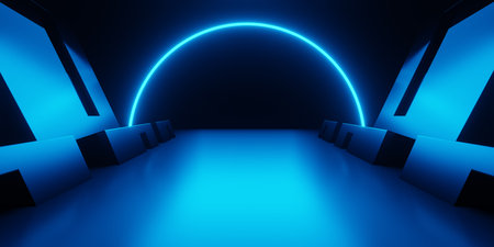 3d rendering of blue neon glowing spaceship corridor hallway background. Scene for advertising, technology, showroom, banner, game, sport, business, metaverse. Sci-Fi Illustration. Product displayの写真素材