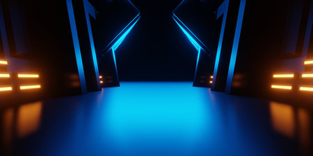 3d rendering of blue orange neon spaceship corridor hallway background. Scene for advertising, technology, showroom, banner, game, sport, business, metaverse. Sci-Fi Illustration. Product displayの写真素材