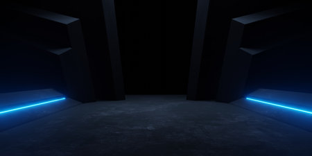 3d rendering of a futuristic spaceship corridor with a neon blue glow dark background. Scene for advertising, showroom, technology, modern, game, metaverse. Sci-fi illustration. Product displaysの写真素材