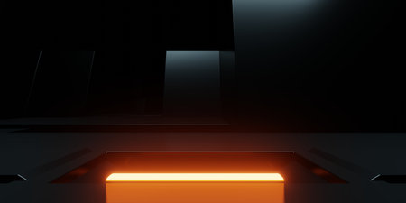 3d rendering of orange neon glowing spaceship corridor black background. Scene for advertising, showroom, technology, future, modern, sport, game, metaverse, warehouse, garage. Sci Fi Illustrationの写真素材