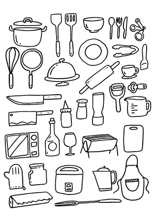 Doodle Kitchenware set vector.のイラスト素材