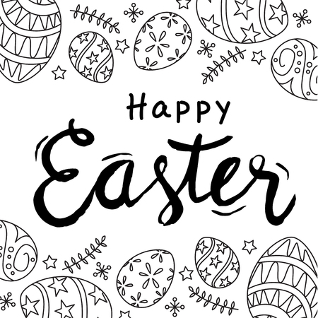 A hand draw happy Easter text, vector isolated on plain backgroundのイラスト素材