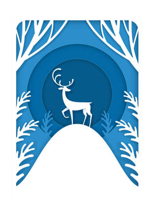 Paper cutting art A deer standing in the forest, white and blue color.のイラスト素材