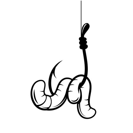 Fishing hook baited with an earthworm on white background, vectorのイラスト素材