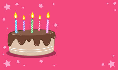 Chocolate-flavored birthday cake painting with lit candles embroidered on top. vector image