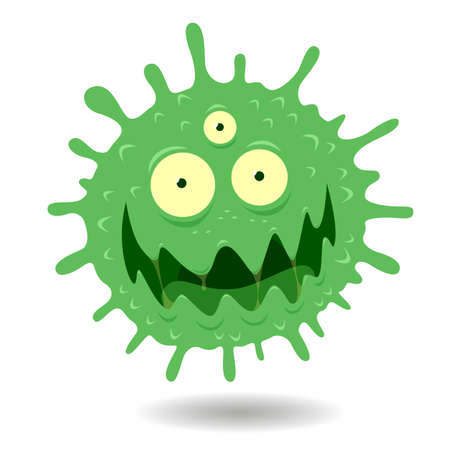 Angry green virus face cartoon image, germs illustration on white background.のイラスト素材