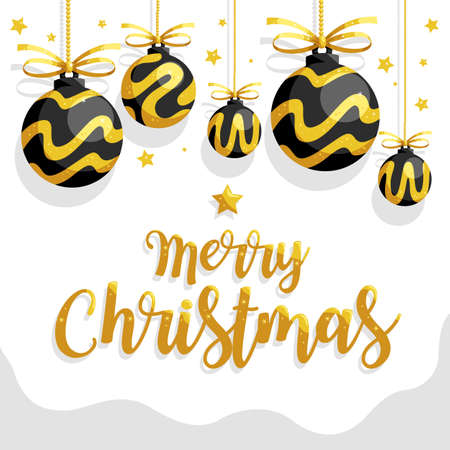 Black and gold christmas ball hanging with merry christmas word on white backgroundのイラスト素材