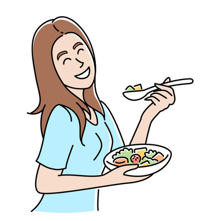 young woman eating vegetable salad, healthy eating illustrationのイラスト素材