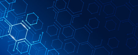 Abstract digital blue background, geometric elements and dots.