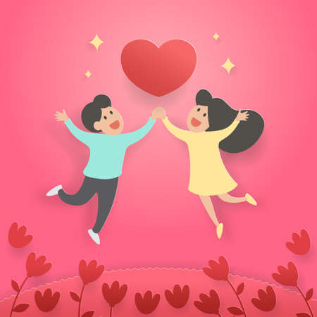 cartoon happy couple in flower garden, paper art style illustrationのイラスト素材