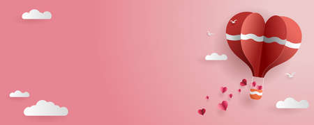 Paper cut love and valentines day, origami lovers with balloons floating above the clouds.のイラスト素材
