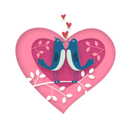 Paper art carve to couple birds on tree branch in forest, origami concept and Valentine's day idea, vector art and illustration.のイラスト素材