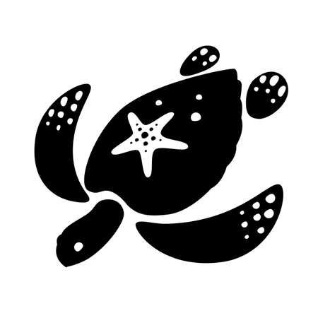 Black sea turtle drawing with starfish on back, turtle symbol swimming on white background.のイラスト素材