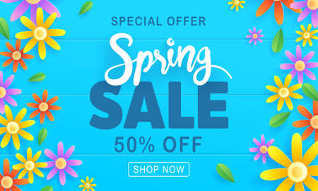 Spring sale banner with paper flowers on a blue background. Banner perfect for promotions, web sites. Vector illustration.のイラスト素材
