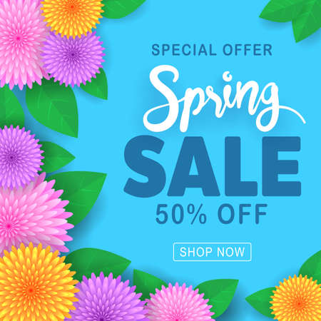 Spring sale banner with paper flowers on a blue background. Banner perfect for promotions, web sites. Vector illustration.のイラスト素材