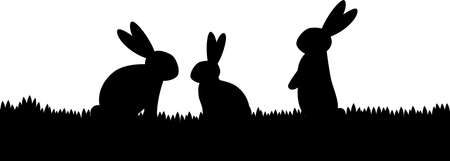 silhouette of three rabbits on the grass, black vector illustration on white backgroundのイラスト素材